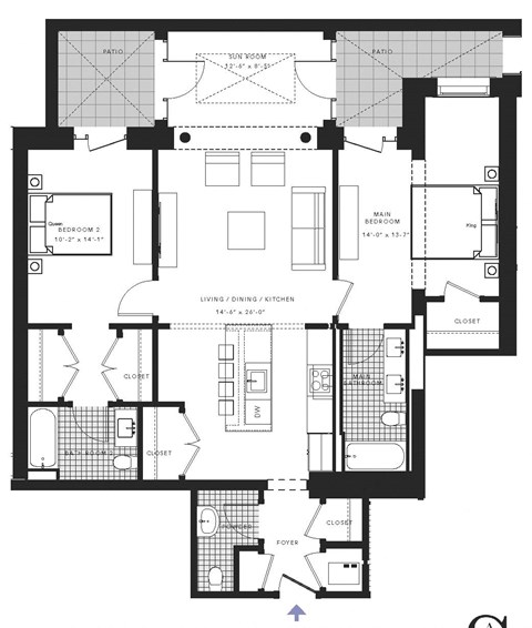 Floor plan for 2 beds, 2.5 baths, 1380 sqft